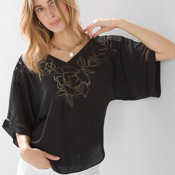 White House Black Market Women's Black Kimono EC Laser Cut Floral Large - Picture 1 of 12